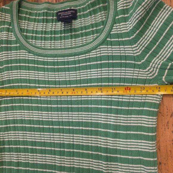 AMERICAN EAGLE Vtg Y2K Kelly‎ Green Striped Ribbed Preppy Top Sz M Bella Swan - Picture 6 of 8